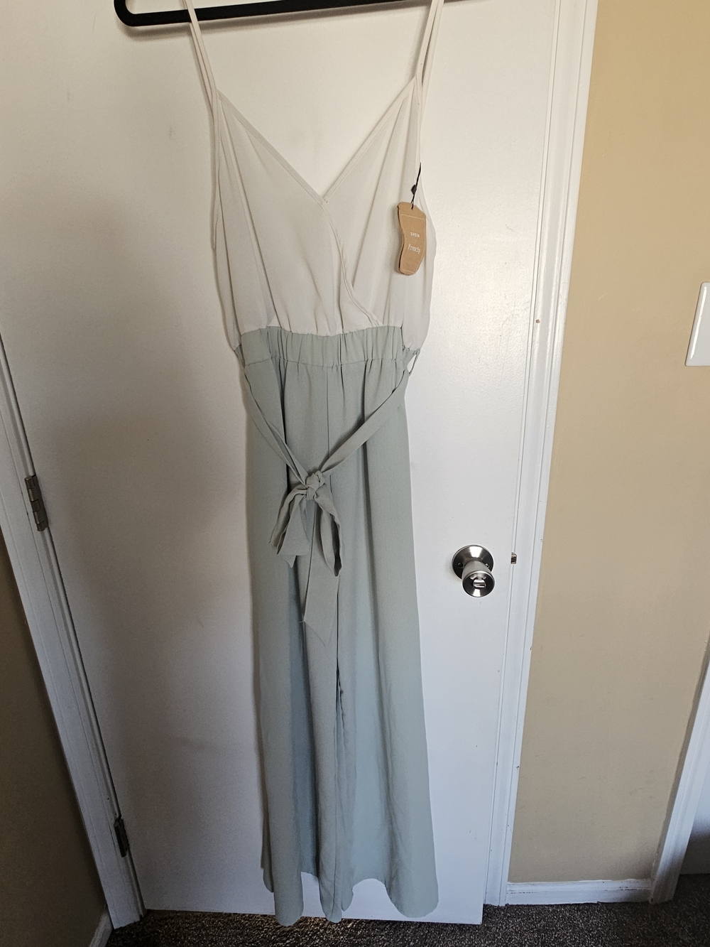 SHEIN Two-Tone V-Neck Jumpsuit with Waist Tie in White and Sage